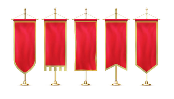 Blank red pennant flag mockup banner hanging on golden rack pole realistic stylish retro  style set. Blank red pennant flag mockup banner hanging on golden rack pole realistic stylish retro  style set.  Vertical banner flag with folds of fabric. fringe stock illustrations
