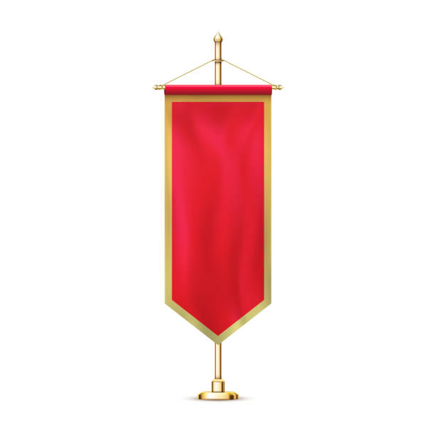 istock Blank red pennant flag mockup banner hanging golden rack pole realistic stylish retro illustration 1205573575