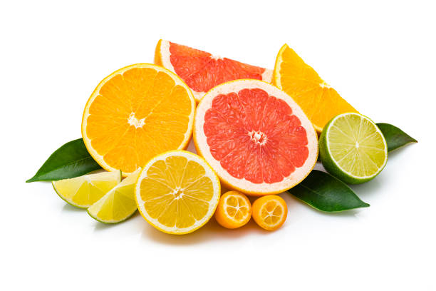 Collection of whole and sliced citrus fruits isolated on white background Collection of whole and sliced citrus fruits isolated on white background. The composition includes grapefruit, orange, lemon, lime, tangerine and kumquat. Some citrus tree leaves complete the composition. High resolution 42Mp studio digital capture taken with Sony A7rii and Sony FE 90mm f2.8 macro G OSS lens citrus fruit stock pictures, royalty-free photos & images
