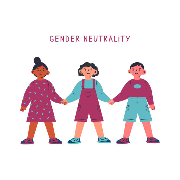 Gender neutral child clothing.Children together Gender neutral child clothing.Children standing together and holding hands.Gender neutrality.Blu,pink.Break the binary concept.Cartoon character on white background.Colorful vector illustration genderless child stock illustrations