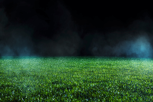 Foco que brilla en el césped verde de un campo deportivo vacío por la noche. photo