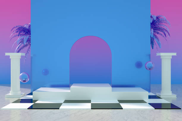 istock 3D Empty Product Stand, Platform, Checked Pattern Floor, Iridescent colors, Futuristic concept 1205574639