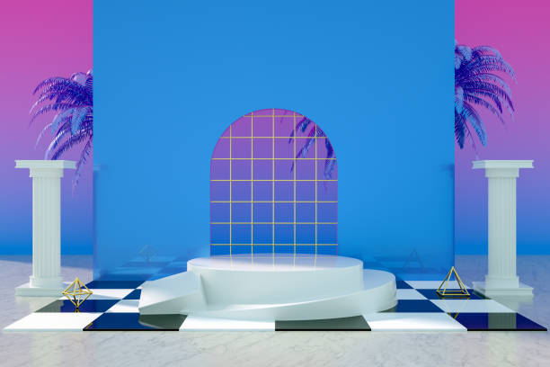 istock 3D Empty Product Stand, Platform, Checked Pattern Floor, Iridescent colors, Futuristic concept 1205574730
