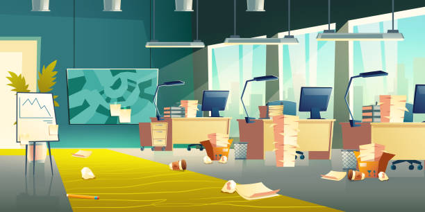 Dirty office interior, empty work place, garbage Dirty office interior, empty work place with scattered garbage, crumpled paper, plastic cups on floor, messy room with computers, document piles on desks, flip chart board. Cartoon vector illustration crumbled piles of paper desk stock illustrations