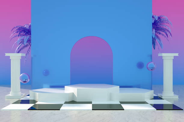 istock 3D Empty Product Stand, Platform, Checked Pattern Floor, Iridescent colors, Futuristic concept 1205575390