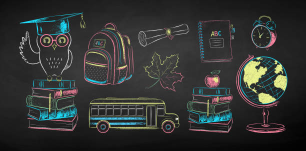 ilustrações, clipart, desenhos animados e ícones de conjunto de ilustração de giz de itens de educação - back to school blackboard education apple