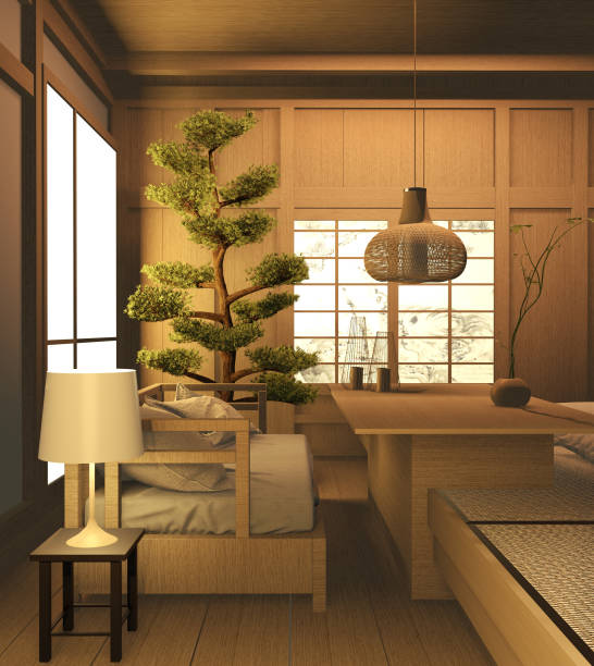 istock Living room wood  japanese interior design.3D rendering 1205575518