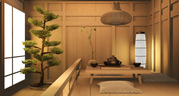 istock Living room wood  japanese interior design.3D rendering 1205575778