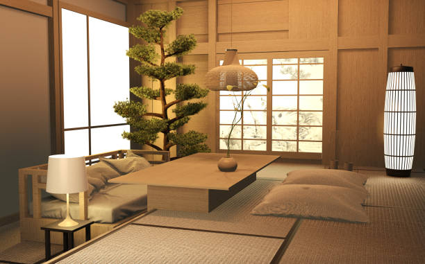 istock Living room wood  japanese interior design.3D rendering 1205575793
