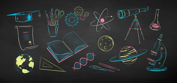 Vector color chalk drawn illustration set of science objects on chalkboard background.