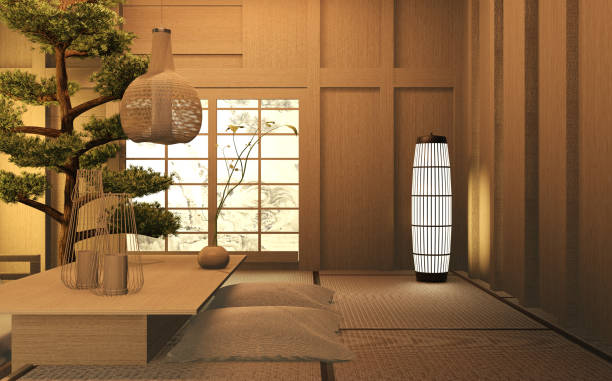 istock Living room wood  japanese interior design.3D rendering 1205576431