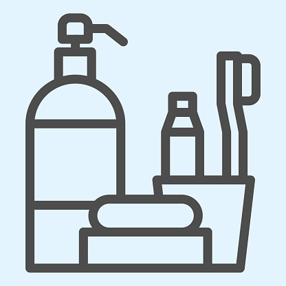 Hotel bath time items line icon. Bathroom accessories set for hygiene. Horeca vector design concept, outline style pictogram on white background, use for web and app. Eps 10