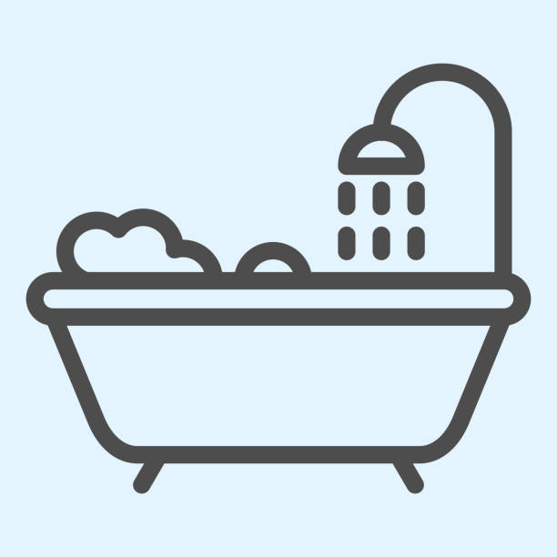 욕조 라인 아이콘입니다. 샤워 시설과 거품이있는 욕실. horeca 벡터 디자인 개념, 흰색 배경에 윤곽 스타일 그림, 웹 및 응용 프로그램에 사용. eps 10. - bathtub stock illustrations