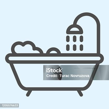 istock Bathtub line icon. Bathroom with shower and foam. Horeca vector design concept, outline style pictogram on white background, use for web and app. Eps 10. 1205576633