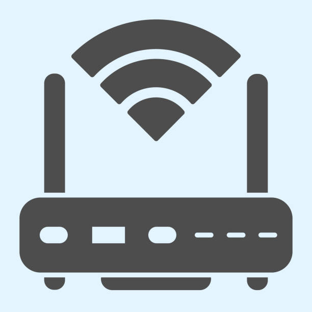 illustrazioni stock, clip art, cartoni animati e icone di tendenza di icona solida del router wi-fi. switch di rete wireless con antenna e segnale di copertura. concetto di progettazione vettoriale horeca, pittogramma in stile glifo su sfondo bianco, uso per web e app. eps 10. - router