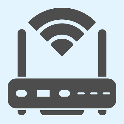 Wi-fi router solid icon. Wireless network switch with antenna and signal coverage sign. Horeca vector design concept, glyph style pictogram on white background, use for web and app. Eps 10