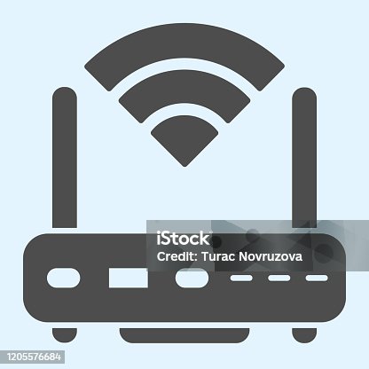 istock Wi-fi router solid icon. Wireless network switch with antenna and signal coverage sign. Horeca vector design concept, glyph style pictogram on white background, use for web and app. Eps 10. 1205576684