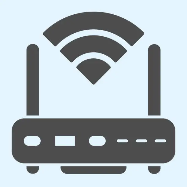 Vector illustration of Wi-fi router solid icon. Wireless network switch with antenna and signal coverage sign. Horeca vector design concept, glyph style pictogram on white background, use for web and app. Eps 10.