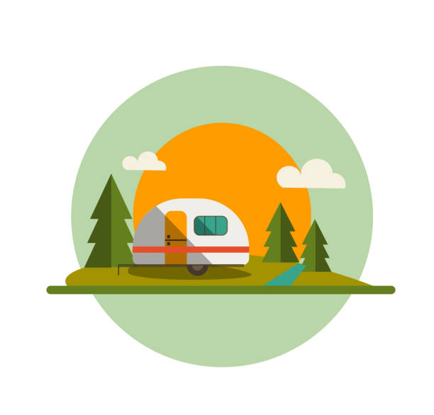 ilustrações, clipart, desenhos animados e ícones de camper trailer forest and sun - mobile home camping isolated vehicle trailer