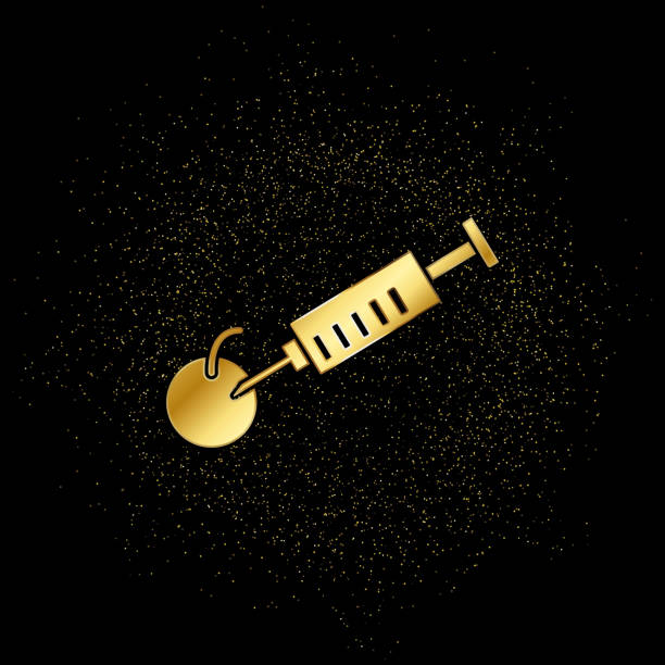 syringe, apple gold icon. Vector illustration of golden particle background. syringe, apple gold icon. Vector illustration of golden particle background. Gold vector icon shot apple stock illustrations