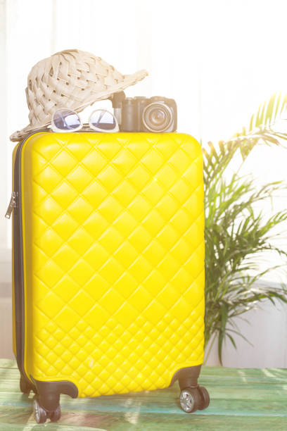 istock travel luggage with hat 1205583202