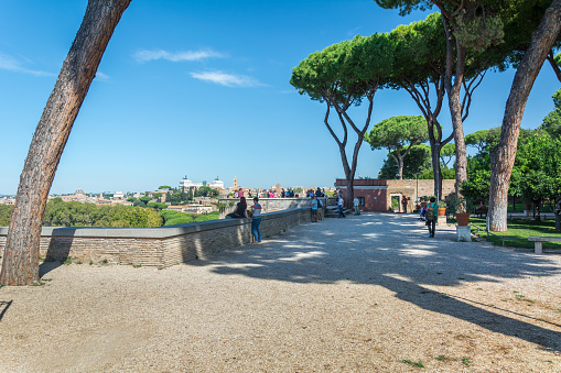 Rome, Italy - Oct 03, 2018: Park Giardino degli Aranci with a delightful observation deck on Central Rome