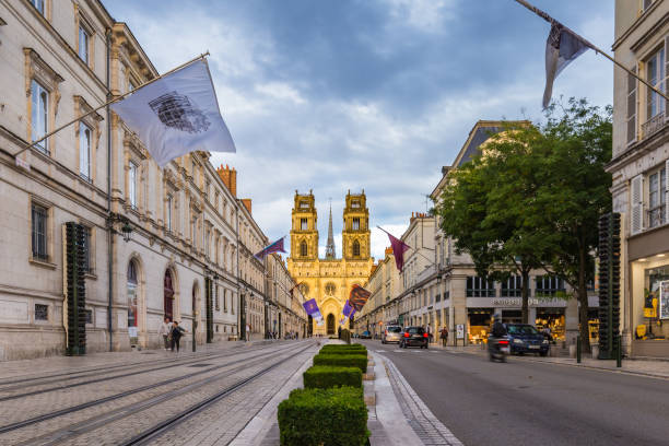 City of Orleans in France Orleans, France, October 10, 2019: Orelans center and Royal cathedral of the Holy Cross during the evening. orleans france photos stock pictures, royalty-free photos & images