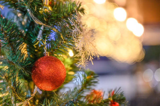 istock Red ball hanging on fir tree with blurred light on christmas 1205590047