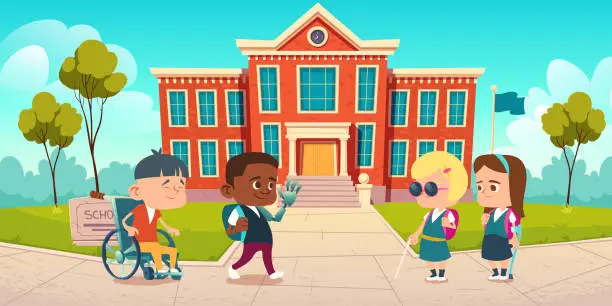 Vector illustration of Disabled kids at school yard greeting each other