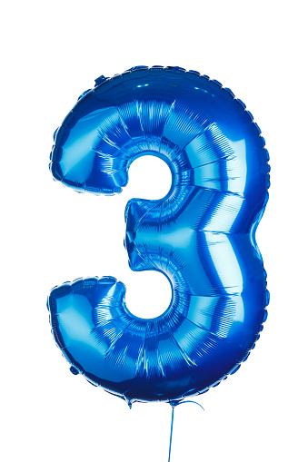 number three years blue balloon, isolated on white
