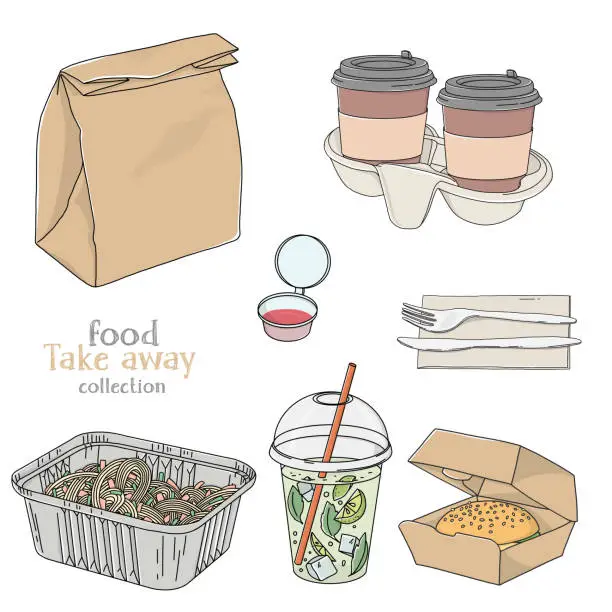 Vector illustration of Set with food and drinks in a disposable package. Take-away food. Fast food delivery.