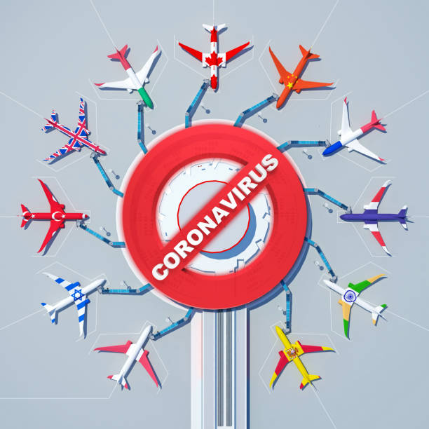 international airport with airplanes in the coloring of flags of different countries top view with prohibition sign with text coronavirus. 3d rendering