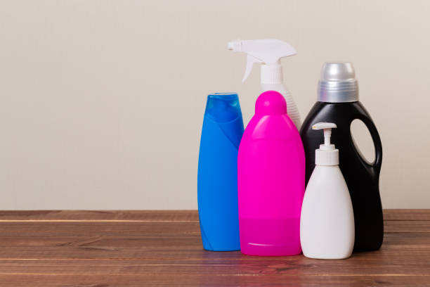 istock set of cleaning products on the table on a colored background. 1205591274