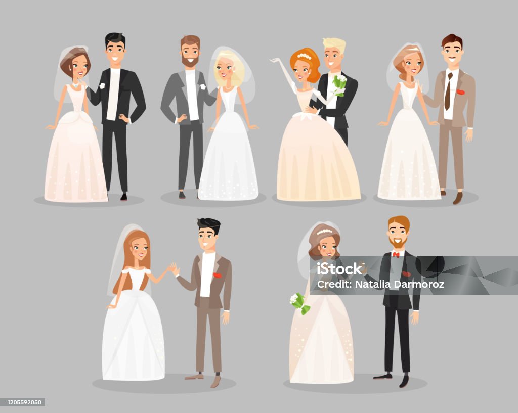 Newlywed Couples Flat Vector Illustrations Set Wedding Day Bride And Groom  Standing And Smiling Cartoon Characters Pack Woman In White Bridal Dress  With Veil And Man In Festive Costume Stock Illustration -