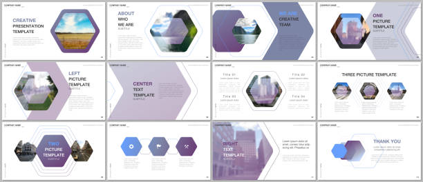 ilustrações de stock, clip art, desenhos animados e ícones de minimal presentations design, portfolio vector templates with hexagonal design background, hexagon style pattern. multipurpose template for presentation slide, flyer leaflet, brochure cover, report. - 2779