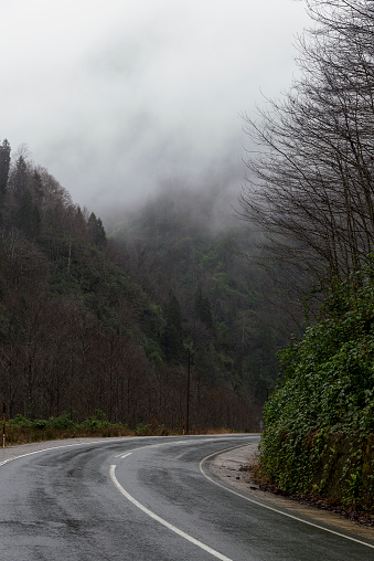 Bending wet road among the hills in winter season.