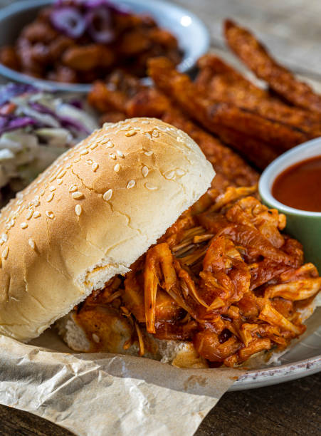 istock Vegan barbecue jack-fruit on a round bun. 1205594870