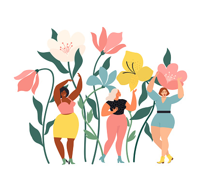 Women diverse of different ethnicity are wonder the huge spring wild flowers. Spring vibes mood. International Women's Day.