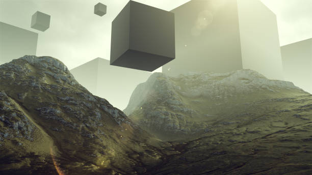 Rocky Hills with Floating Geometric Alien  Cube Shapes