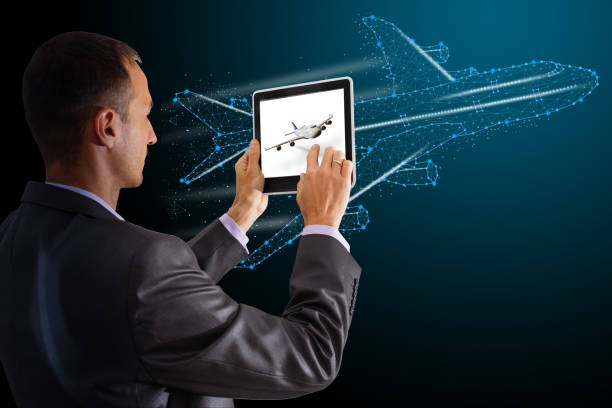 istock Airplane flying VR screen analysis. Flight up tourism journey virtual reality. Transportation technology banner template 3d plane tablet 1205596235
