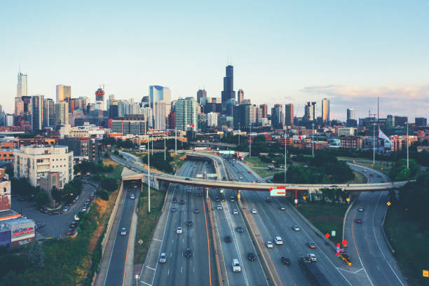 istock Aerial view of Chicago skyline with express ways 1205596372