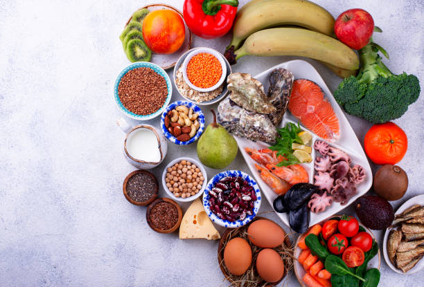 istock Pescetarian diet with seafood, fruit and vegetables 1205596474