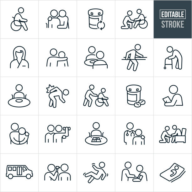 Nursing Home Thin Line Icons - Editable Stroke A set of nursing home icons that include editable strokes or outlines using the EPS vector file. The icons include a person in a wheel chair, medications, person visiting the elderly, nurse, person with arm around the shoulder of a patient, two people eating together in a nursing home, person doing rehabilitation, old person using a walker, person hurting their back, person with an illness or injury, person pushing an elderly person in a wheelchair, medical checkup, sad person, person lifting weights for rehabilitation, patient playing a board game, a doctor, person falling, person getting their blood pressure checked and a sick person in bed to name a few. back pain stock illustrations