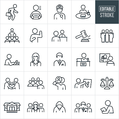 A set of courtroom icons that include editable strokes or outlines using the EPS vector file. The icons include an attorney, criminal, police officer, deliberation, jury, person under oath, witness, witness being questioned by an attorney, gavel, male attorney, female attorney, paralegal, judge, visitation, handshake, evidence, gun, scales of justice, courthouse, courtroom, legal team and other related icons.