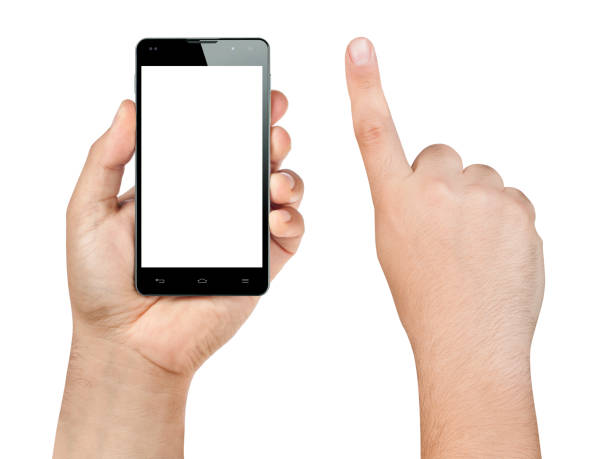 istock Closeup hand holding and showing smartphone or mobile with blank screen and index finger ready to tap isolated on white. 1205598915
