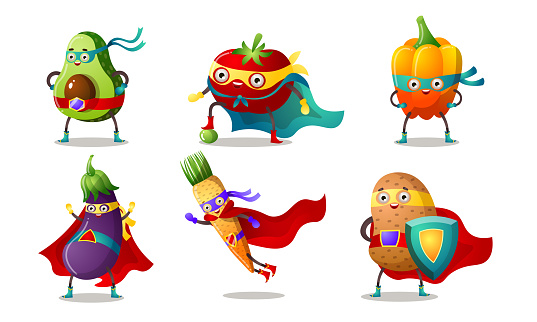 Collection set of cartoon funny superhero humanized vegetables in masks, shields and capes: avocado, tomato, pepper, eggplant, carrots, potatoes. Colorful vector flat icons set