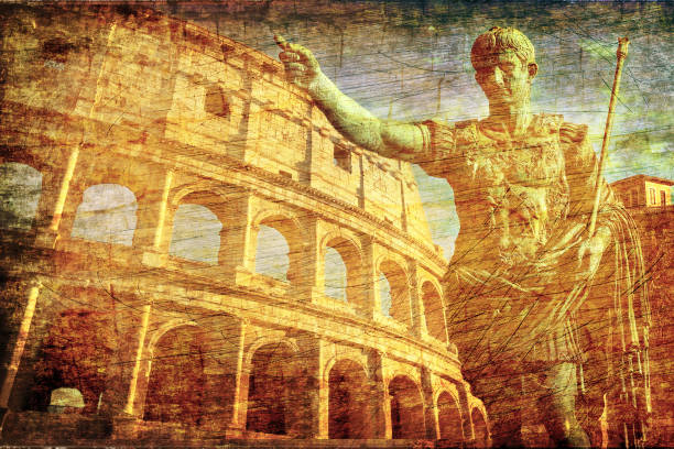 gli antichi romani firmano lo sfondo con la statua dell'imperator conquistatore colosseo mappa della vecchia europa - roman foto e immagini stock