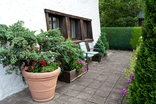 The territory of the house is decorated with a huge ceramic pot with flowers and coniferous trees