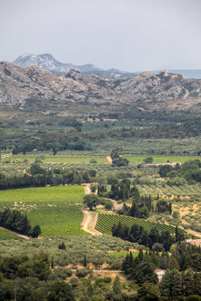 Panoramic view on Luberon valley from the famous Les Baux de Provence medieval village in Southern France