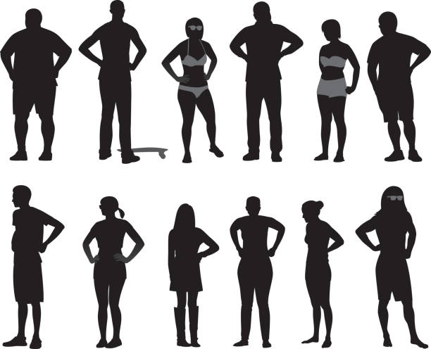 People with Hands on Hips Silhouettes 2 Vector silhouettes of people standing with their hands on their hips. close to illustrations stock illustrations